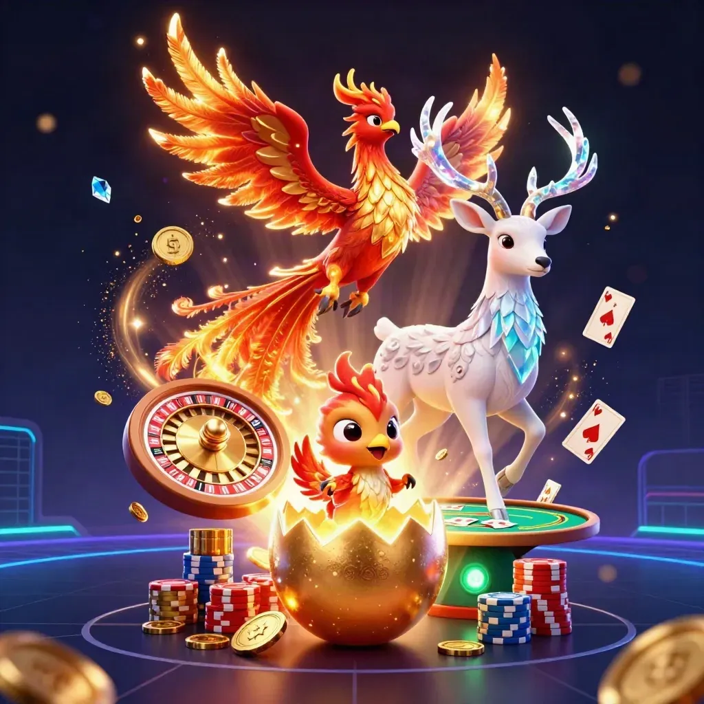 Tre mytiska casinodjur med guldmynt, neon och spelkort i dramatisk mörk scen