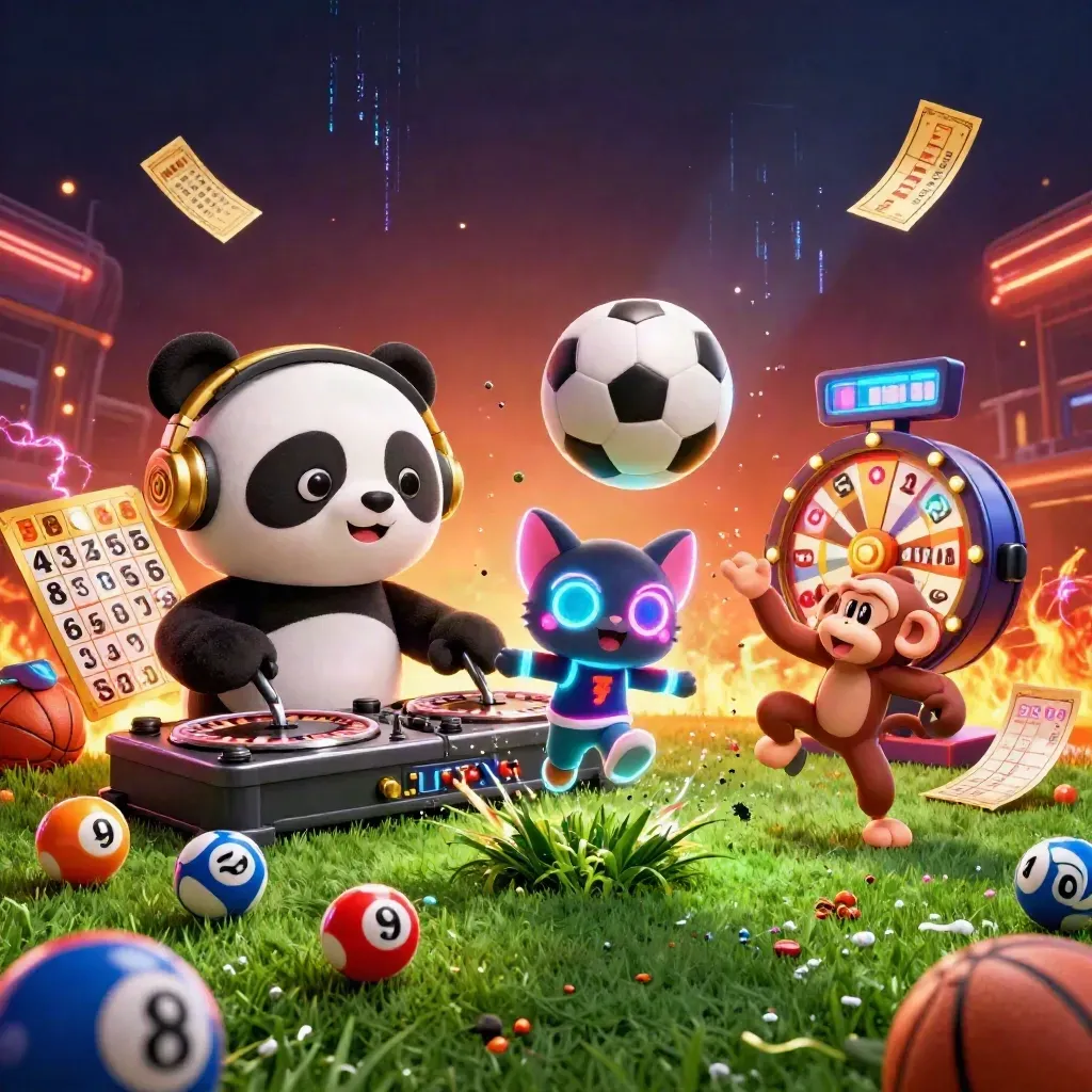 Panda, apa och katt i neon vid en frusen fotboll mitt i ett kasino-sportmyller.