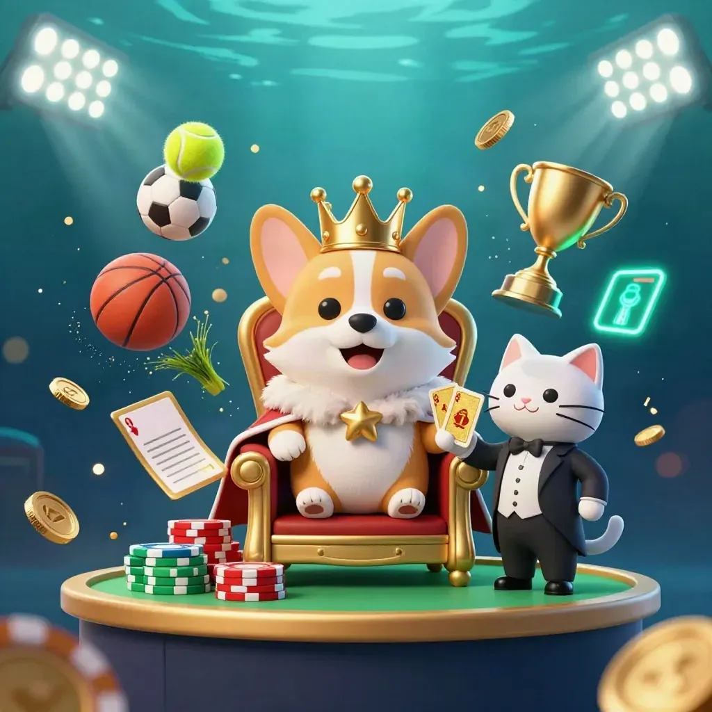 Kunglig corgi och kattbutler med tennisboll, pokerchips och casinoglimt