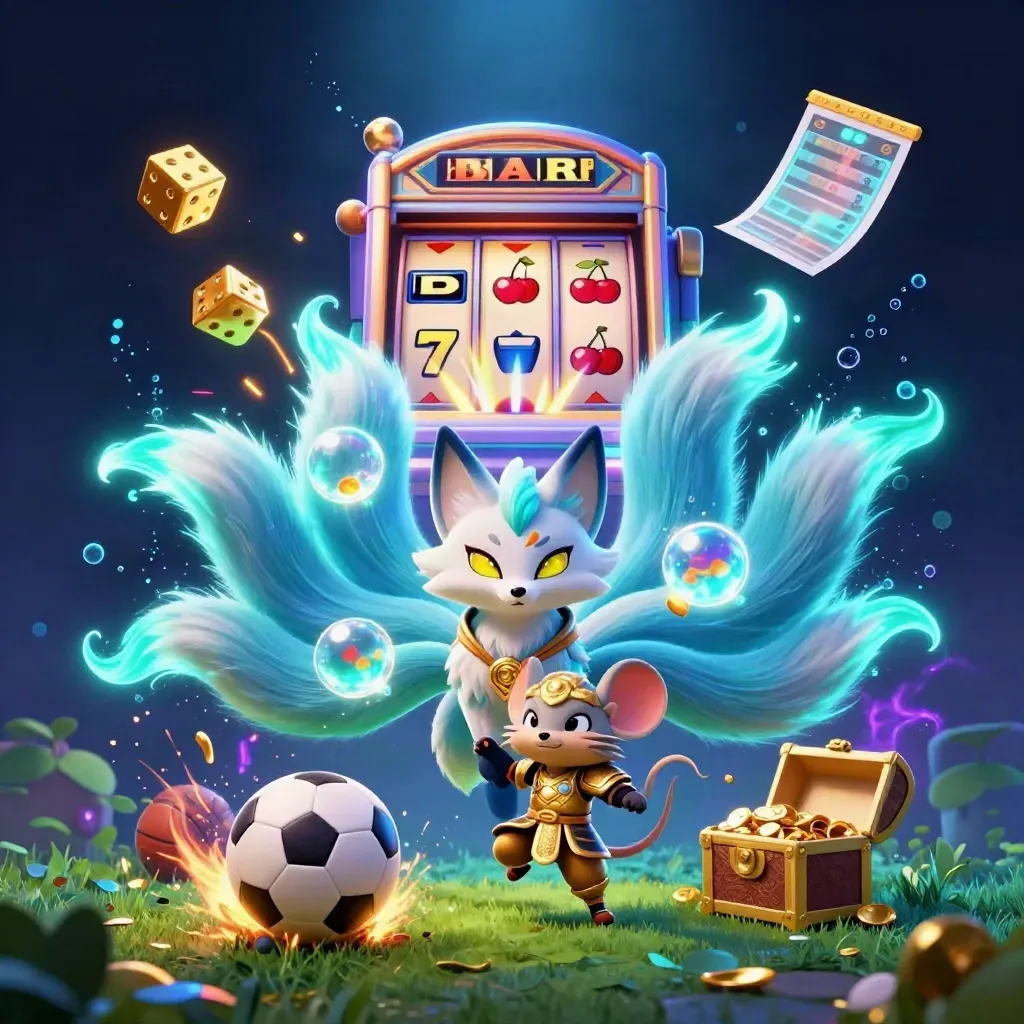 Neonfox och samurajmus vid en boll, med slotmaskin, guld och magiskt neonljus.