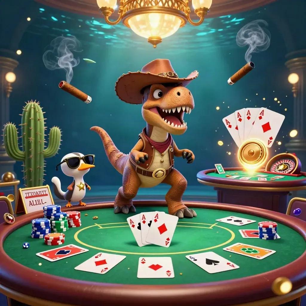 3D-cowboy-T-rex med kaktus och fågel vid pokerbord i neonbelyst casinorum.