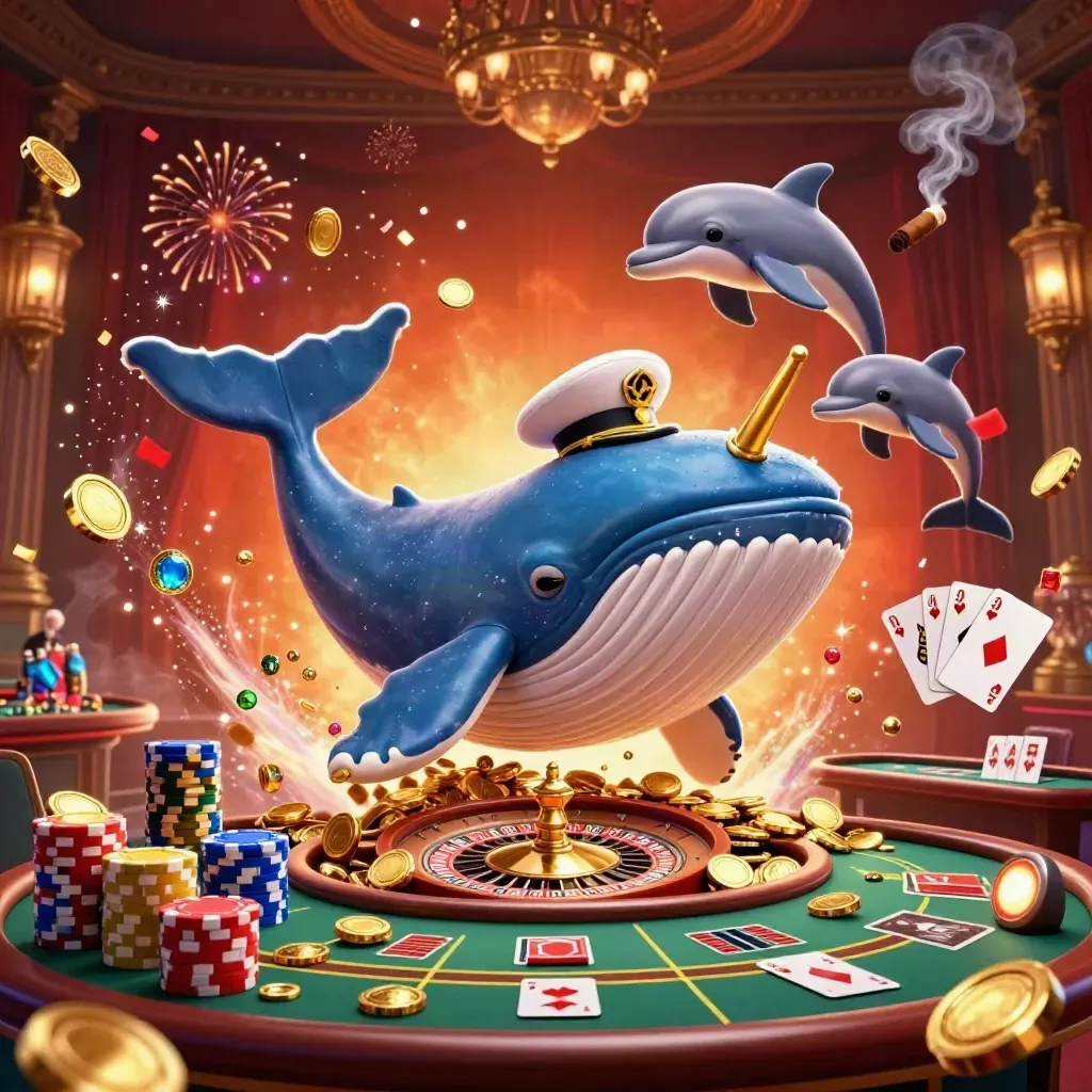 Jätteval, narval och delfiner i ett lyxigt casinorum med mynt, ädelstenar och neonljus