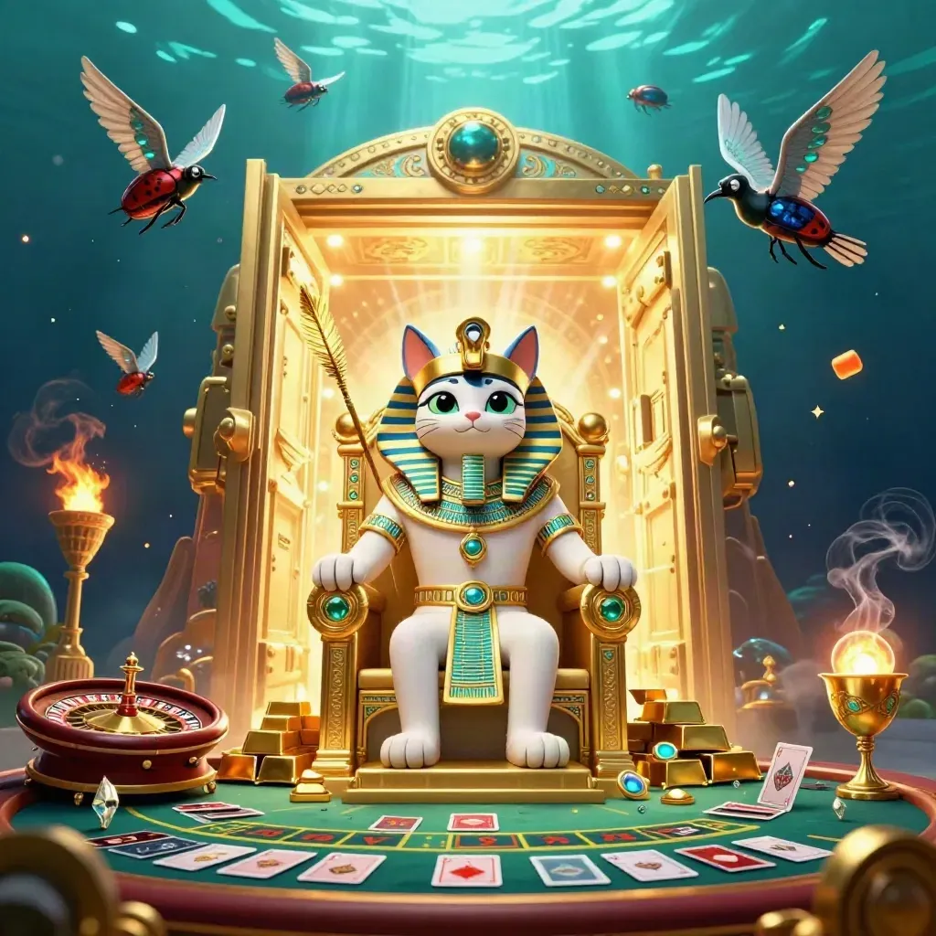 Pharaohkatt, ibis och skarabéer kring ett öppet skattvalv i blått och guld.
