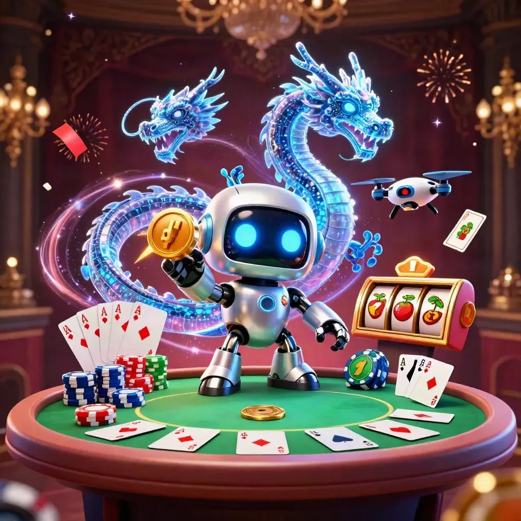 Robot, holografisk drake och drönare bland pokerchips och guldglitter, lyxig casinostämning