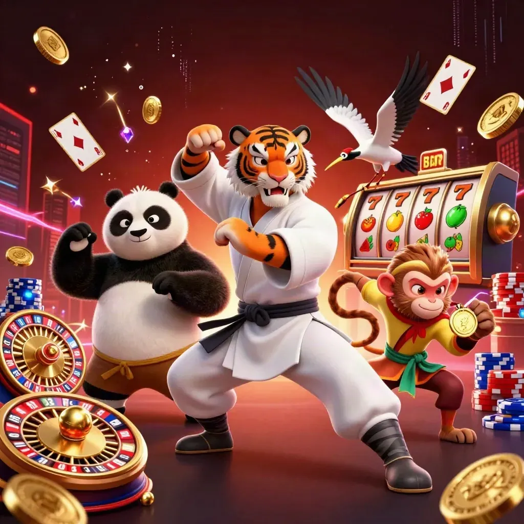 Kung-fu tiger, panda och apa bland guldmynt, chips och blinkande casinodetaljer