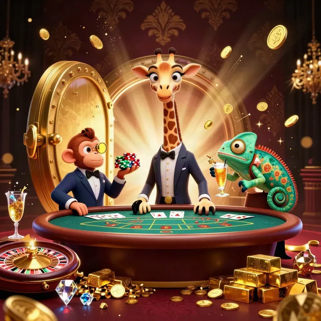 Tre casinodjur bland guld, valv och ljuseffekter i lyxig neonstil.