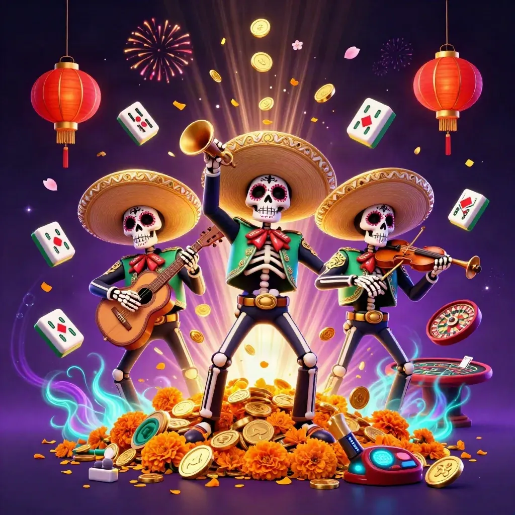 Tre skelettmariacher i guldsombreros bland mynt, lyktor och neon i ett lyxigt casinoöde