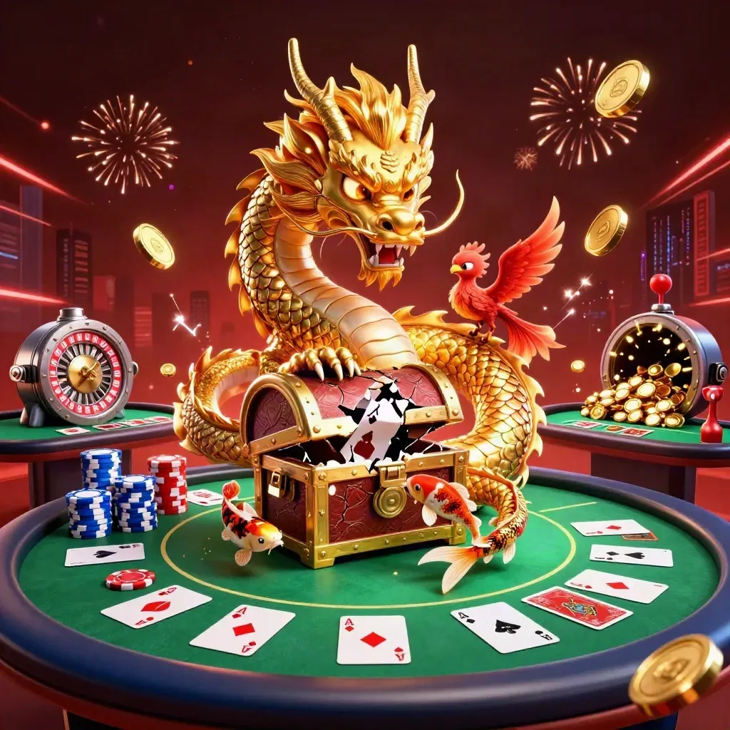 Gyllene drake med phoenix, koi, pokerchips och mynt i en neonfylld skattkammare