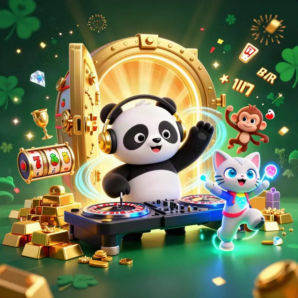 DJ-panda, dansande apa och glow-stick-katt vid skattkista i neongrönt casino