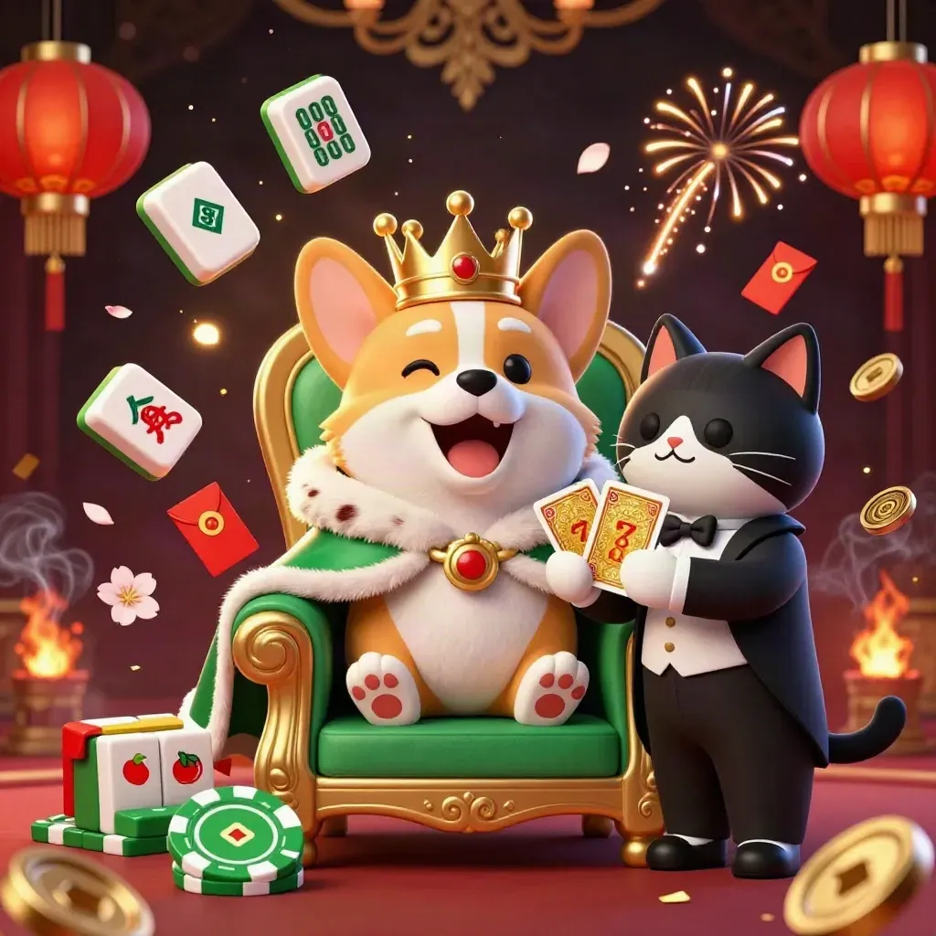 Kunglig corgi och kattbutler med spelkort bland slot- och mahjongeffekter