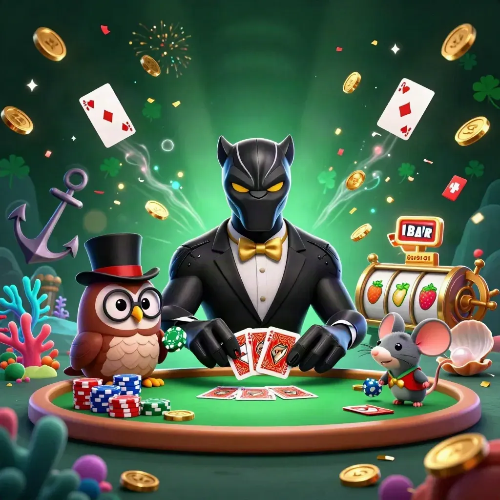 Svart panter, uggla och mus i lyxig casinoscen med guld, mynt och neon